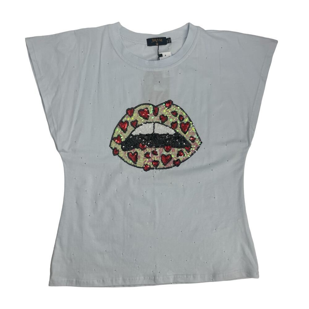 Balboa Women’s White Sequins Heart Lip Holes All Over Short Sleeve Tee T-shirt - Picture 8 of 11